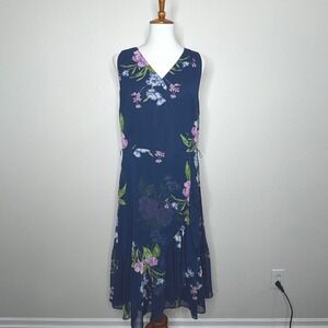 TALBOTS Petite Sleeveless Midi Dress 14P Navy Floral Faux Wrap Fairy Cottage